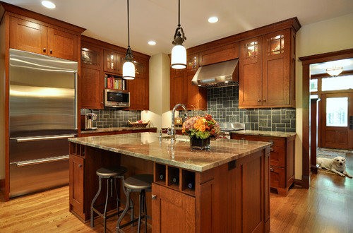 Fire Bordeaux granite countertop combined creamy yellow wall paint